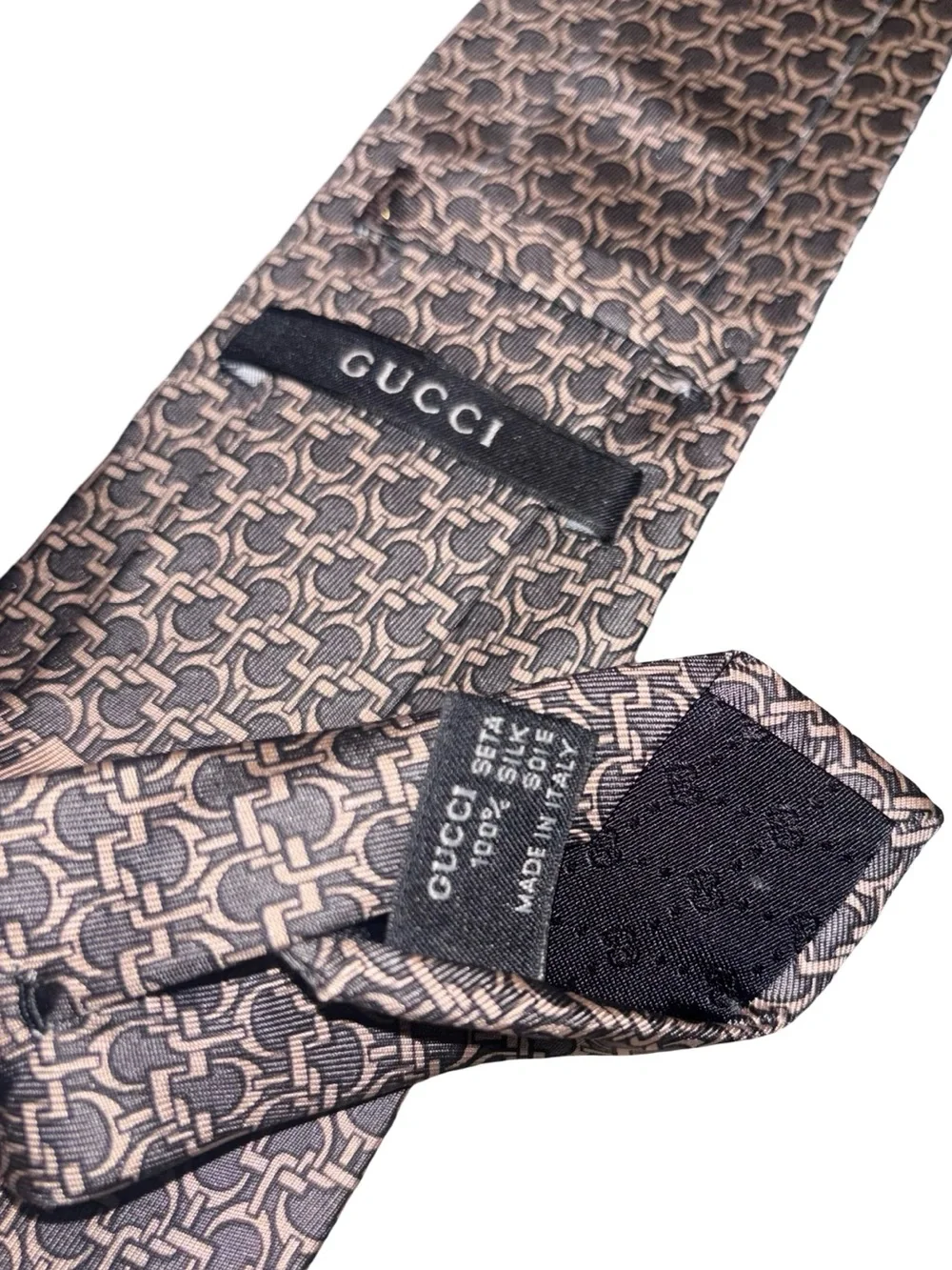 Authentic Gucci Gray on Gray Horsebit Print Silk Tie